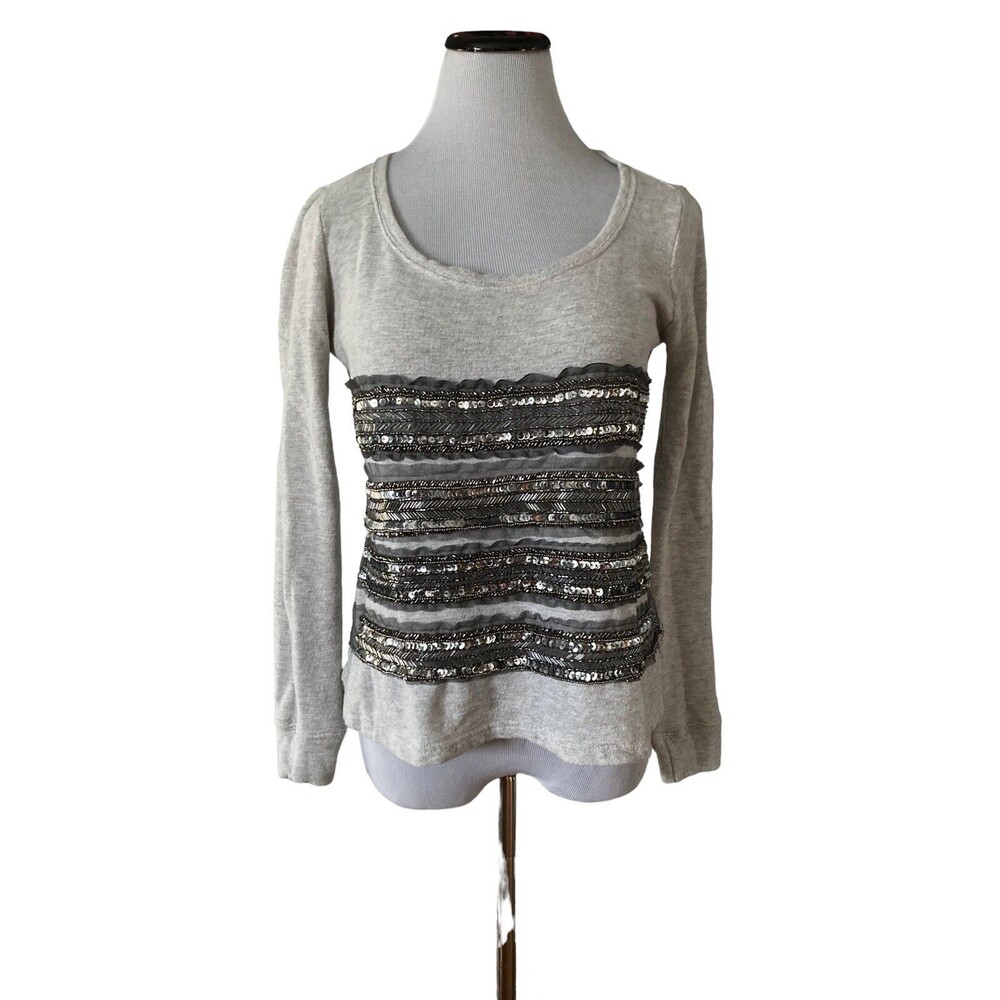 Womens Sequin Stripe Long Sleeve Top Size S Gray Casual Glam Sparkle Statement
